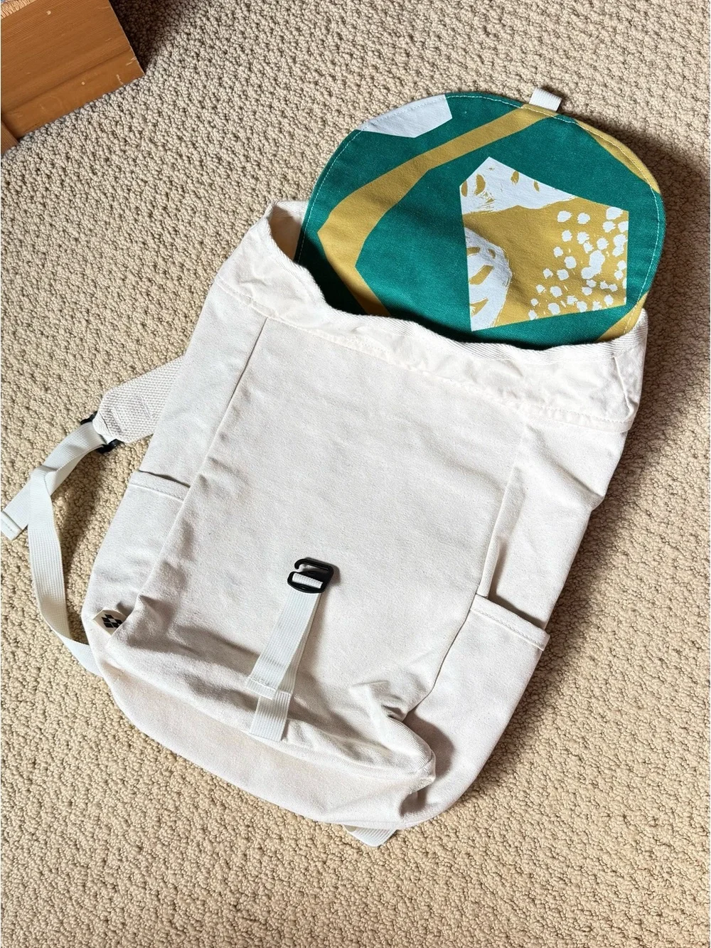 Joshu + Vela Canvas Backpack  in Cream with Green graphic accents